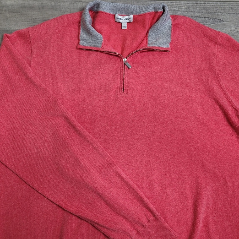 Peter Millar Sweater‎ Mens Size L 1/4 Zip Mock Neck Cotton/Silk Holiday Red Golf